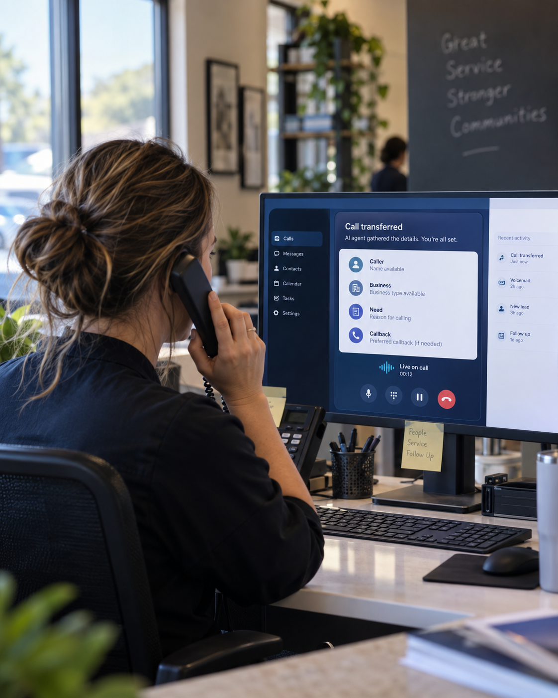 A staff member receives a transferred call with caller context on screen